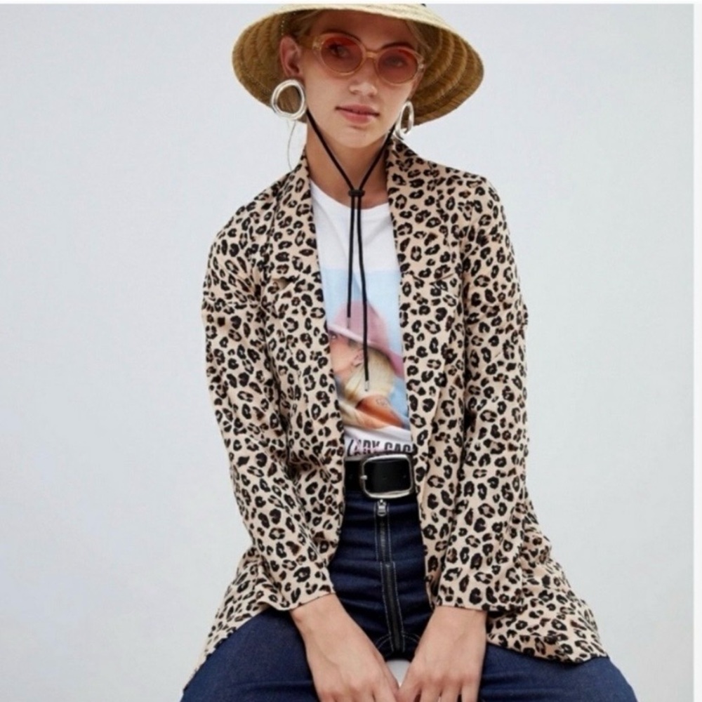 stradivarius Leopard-Print Open Blazer in Beige and Black